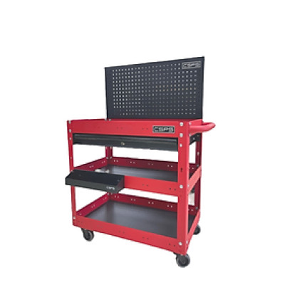 Xe đẩy 3 tầng CSPS màu đỏ, vách lưới và hộc kéo màu đen kèm khay đựng