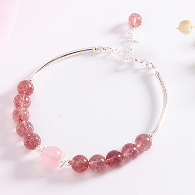 Vòng tay đá thạch anh dâu phối charm ống bạc mệnh hỏa, thổ - Ngọc Quý Gemstones