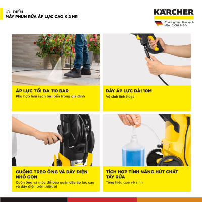 (Mới 2025) Máy phun rửa áp lực cao Karcher K 2 HR - Công suất 1400W, áp lực 110 bar phù hợp rửa xe - Bảo hành 24 tháng - Hàng Chính Hãng
