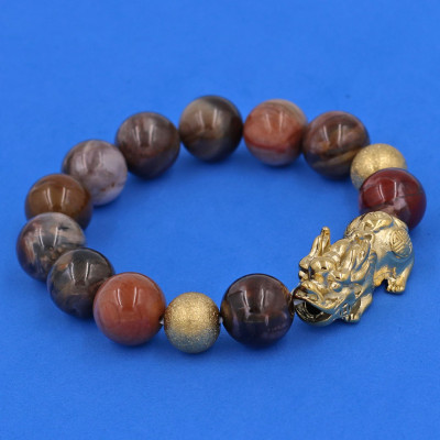 Vòng chuỗi đeo tay gỗ hóa thạch 14 ly ( size lớn ) charm tỳ hưu và bi inox, vòng tay chuỗi hạt