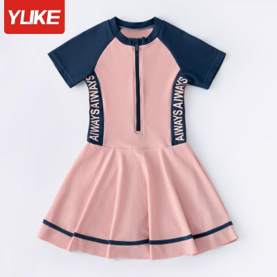 Đồ bơi bé gái 5-18 tuổi liền thân kiểu chân váy hồng phối xanh, Bộ bơi cho bé cao cấp vải co giãn cực tốt
