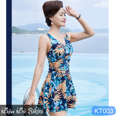 Bộ bơi trung niên dáng váy cộc tay, quần sooc đùi trong, màu sắc trang nhã phù hợp cho các mẹ & các bà, chất thun bơi Lycra dày đẹp | KT003