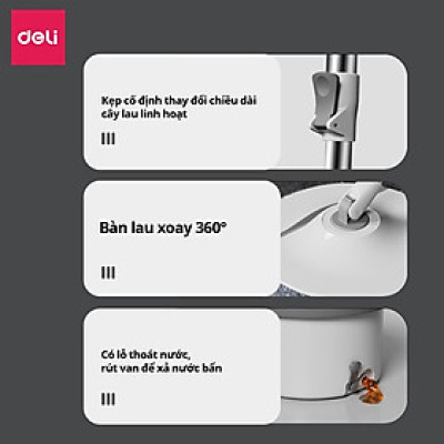 Bộ Cây Lau Nhà Tách Nước Bẩn Deli Gập 90 Độ Có Thùng Lau Nhà Tự Vắt Thông Minh, Chổi Lau Nhà 360 Độ