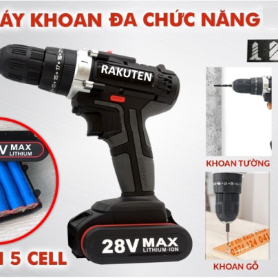 Bộ máy khoan pin RAKUTEN 28V khoan tường, khoan sắt, khoan bê tông máy 2 pin, đảo chiều và mũi khoan