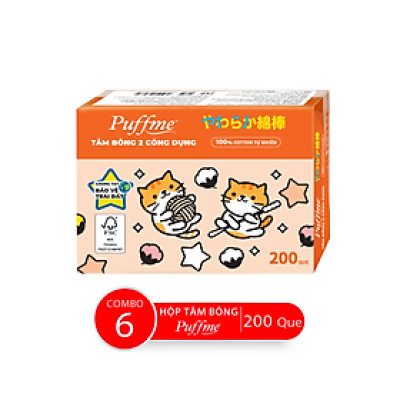 Combo 6 Hộp Tăm Bông 2 Công Dụng PUFFME, 200 Que/Hộp