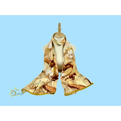 100% Silk Print Scarf - Khăn Lụa Tơ Tằm in White Lotus - Quà Tặng Cao Cấp SenSilk KLDI03 180x55cm