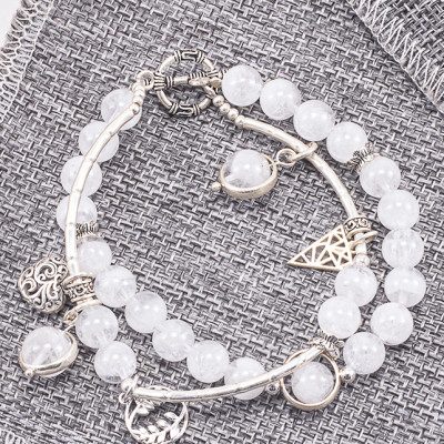 Vòng Tay Phong Thủy 2 Lines Nữ Đá Thạch Anh Ưu Linh Trắng Phối Charm Trái Tim (6mm) Mệnh Kim, Thủy Ngọc Quý Gemstones