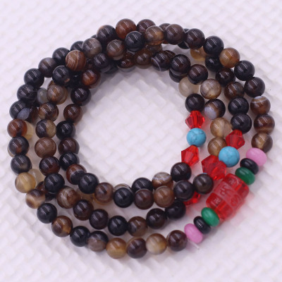 Vòng chuỗi 108 hạt mã não nâu sọc charm lục tự kim ngôn - hạt 8 ly ( size lớn ), vòng chuỗi niệm Phật, vòng chuỗi đeo tay