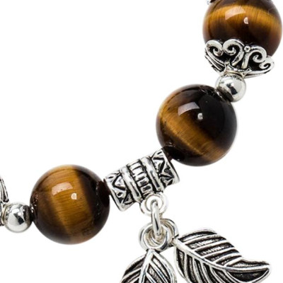 Vòng Thạch Anh Mắt Hổ 8mm Mix Charm Lá Bạc 925 Ngọc Quý Gemstones VT159