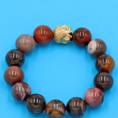 Chuỗi đeo tay gỗ hóa thạch 14 ly - cẩn hạt Như Lai Inox vàng VGHTNLV14 - hợp tất cả các mệnh