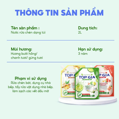 Combo 2 Túi 2L Nước Rửa Chén TOPGIA Thiên Nhiên, Làm Sạch Dầu Mỡ Hiệu Quả Và An Toàn Cho Da Tay
