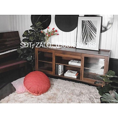 Tủ kệ trưng bày loại thấp BÌNH LONG chất liệu gỗ màu tự nhiên, 2 cánh kính