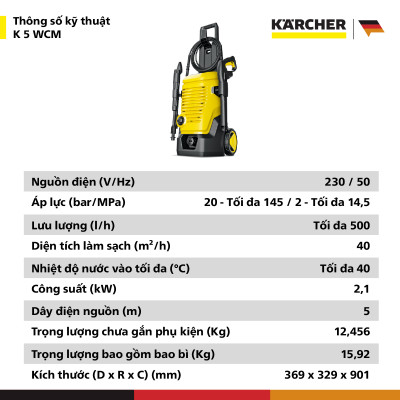 [Sản xuất Châu ÂU] Máy phun rửa áp lực cao Karcher K 5 WCM - Động cơ từ - Công suất 2100W - Bảo hành 24 tháng - Hàng Chính Hãng