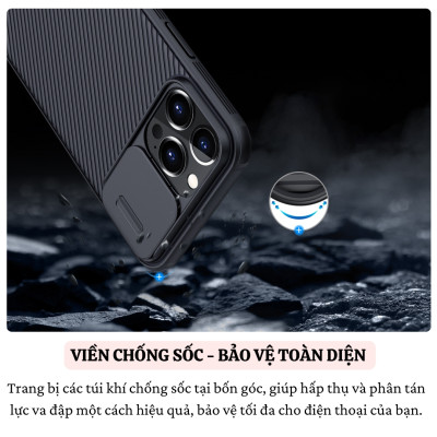 Ốp lưng chống sốc nắp trượt bảo vệ camera cho iPhone 16 / 16 Plus / 16 Pro / 16 Pro Max hiệu Nillkin Camshield - Viền TPU, đệm khí chống sốc, Lưng nhám PC - Hàng nhập khẩu