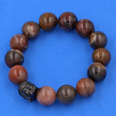 Vòng đeo tay gỗ hóa thạch 14 ly cẩn hạt Phật A Di Đà inox đen VGHTNLE14