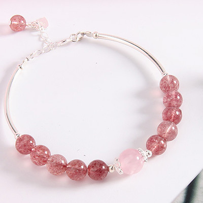 Vòng tay đá thạch anh dâu phối charm ống bạc mệnh hỏa, thổ - Ngọc Quý Gemstones