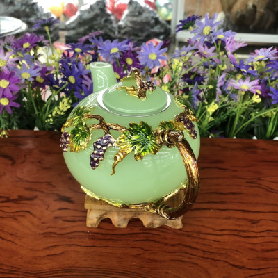 Bộ ấm trà chạm cây nho tím với ly chạm chữ đá ngọc cẩm thạch xanh