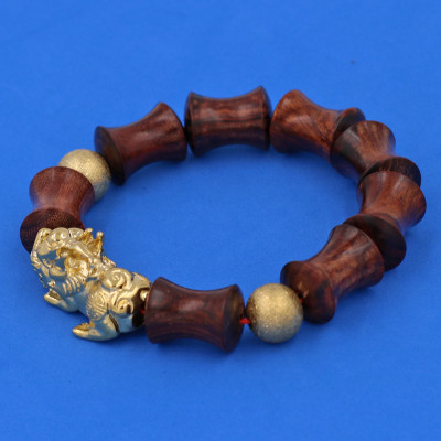 Vòng chuỗi đeo tay gỗ tử đàn ống tre ( size lớn ) charm tỳ hưu và bi inox vàng, vòng tay chuỗi hạt