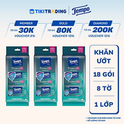Combo 3 Lốc Khăn Ướt Mini Tempo Protect Ngăn Ngừa Vi Khuẩn (Lốc 6 Gói)