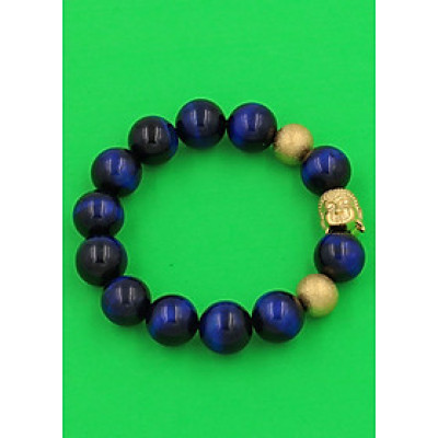 Chuỗi hạt đeo tay Đá Mắt Hổ Xanh Dương 14 ly - Vòng tay Phật A Di Đà inox vàng VMHXENLVHB14 - hợp mệnh Mộc, mệnh Thủy - Vòng đeo tay size lớn