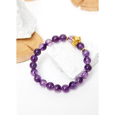 Vòng tay đá thạch anh tím charm tuổi tuất bạc mạ vàng 24K 8mm mệnh hỏa, thổ - Ngọc Quý Gemstones