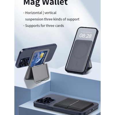 Ví da đựng thẻ nam châm hút từ tính WI WU Mag Wallet MW-001 tích hợp giá đỡ điện thoại gập gọn gắn sau điện thoại i Phone - Hàng chính hãng