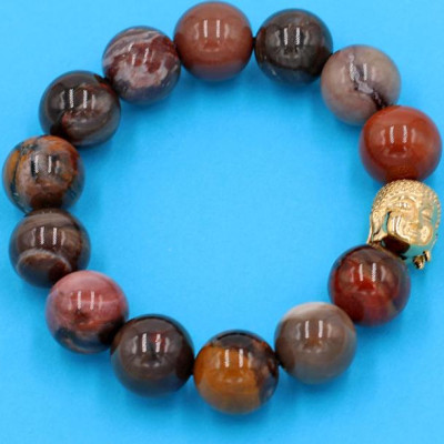 Chuỗi đeo tay gỗ hóa thạch 14 ly - cẩn hạt Như Lai Inox vàng VGHTNLV14 - hợp tất cả các mệnh