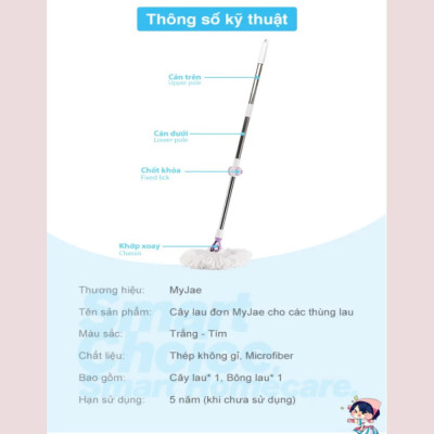 Cây Lau Nhà Đơn MyJae Sợi Microfiber Xoay 360 Độ Phù Hợp Cho Nhiều Loại Thùng Lau 134cm