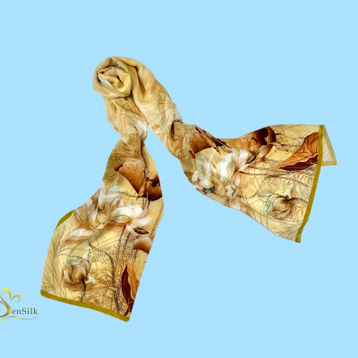 100% Silk Print Scarf - Khăn Lụa Tơ Tằm in White Lotus - Quà Tặng Cao Cấp SenSilk KLDI03 180x55cm