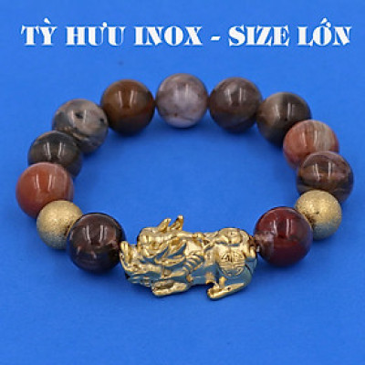 Vòng chuỗi đeo tay gỗ hóa thạch 14 ly ( size lớn ) charm tỳ hưu và bi inox, vòng tay chuỗi hạt