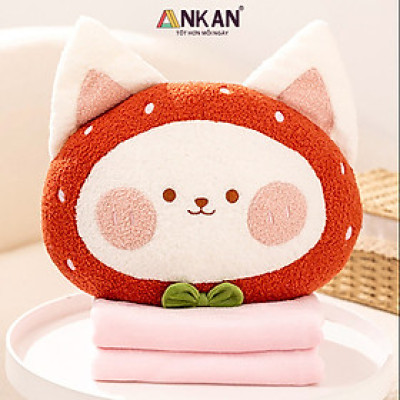 Chăn Gối Văn Phòng Kiểu Mèo Dâu Tây Cao Cấp Có Chăn Đi Kèm Dùng Làm Quà Tặng Cho Bạn Bè Người Thân Có Thể Tựa Đầu, Tựa Lưng Và Ngủ Tại Văn Phòng