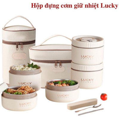 [KoSuyTu] Hộp Cơm Giữ Nhiệt  Lucky 2 Lớp 3 Tầng Rời - Chất Liệu Inox 304 - Tặng Kèm Túi Thìa Dĩa