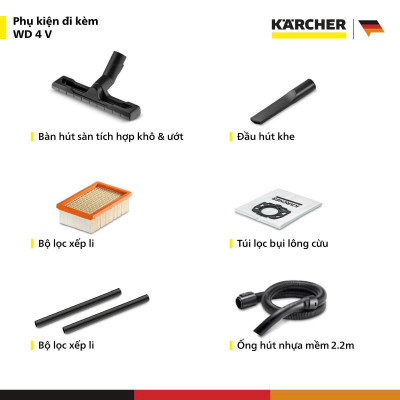 [Mới 2025] Máy hút bụi đa năng khô và ướt WD4V dành cho Karcher - Công suất 1000W - Bảo hành chính hãng 12 tháng - Hàng Chính Hãng