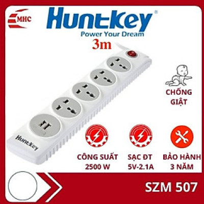 Ổ cắm điện chống giật có 2 cổng usb sạc điện thoại Huntkey SZN 507 - Hàng chính hãng