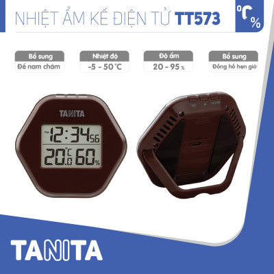 Nhiệt ẩm kế điện tử TANITA TT573 chính hãng nhật bản,thiết bị đo độ ẩm nhiệt độ chính xác,màn hình rõ ràng,hiển thị ngày giờ chuông báo thức,có lỗ treo,chân để bàn phù hợp trong phòng lạnh, bệnh viện, gia đình có trẻ sơ sinh