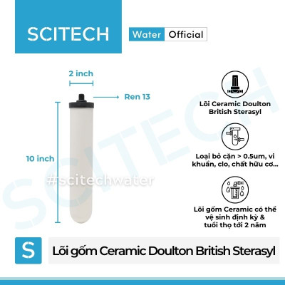 Lõi Gốm Ceramic Doulton British Steracyl 10 inch by Scitech - Lõi số 1 máy lọc nước Dr. Sukida, K Pro Series MT888 và máy lọc nước Nano/RO (Dùng thay thế lõi PP) - Hàng chính hãng