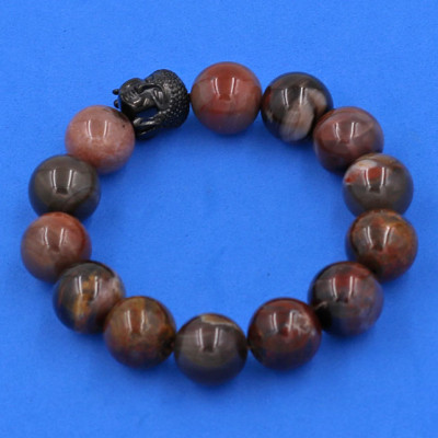 Vòng đeo tay gỗ hóa thạch 14 ly cẩn hạt Phật A Di Đà inox đen VGHTNLE14