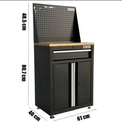 Tủ dụng cụ CSPS 61cm - 01 hộc kéo màu đen chân tăng chỉnh ván gỗ vách lưới (tay cầm trắng)