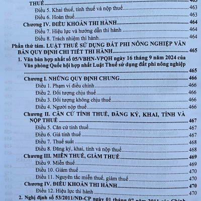 Luật thuế; Thuế giá trị gia tăng; Thu nhập doanh nghiệp; Thuế thu nhập cá nhân; Thuế xuất khẩu, Thuế nhập khẩu; Thuế tiêu thu đặc biệt; Thuế tài nguyên; Thuế bảo vệ môi trường; Thuế sử dụng đất phi nông nghiệp và các văn bản hướng dẫn thi hành