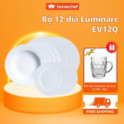 Bộ đĩa (dĩa) thủy tinh Luminarc Everyday 12 chi tiết EV12Q, dùng lò vi sóng, máy rửa bát