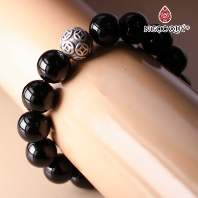 Vòng obsidian 12mm mix charm đồng tiền bạc mệnh thủy, mộc - Ngọc Quý Gemstones