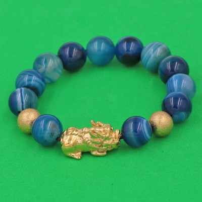 Vòng đeo tay Thạch Anh Xanh Biển Sọc 12 ly - cẩn Tỳ Hưu Phong Thủy inox vàng VTAXBSTHHBV12 - hợp mệnh Mộc, mệnh Thủy