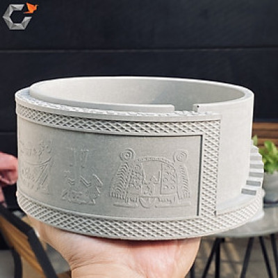 Chậu cây xi măng bậc thang hoạ tiết Trống Đồng Đông Sơn, ngang 18.4cm cao 8,5cm handmade, decor bàn làm việc, cây văn phòng, nhà ở 