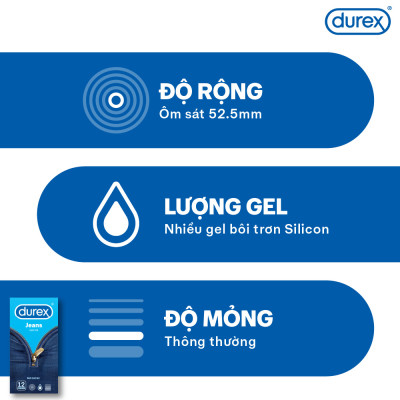 [MỚI] Bao cao su Durex Jeans cơ bản, bôi trơn, size 52.5mm, hộp 12 bao