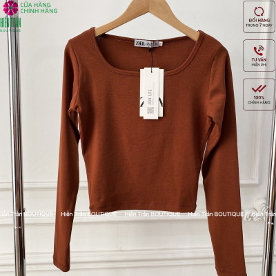  Áo croptop tay dài Hiền Trần BOUTIQUE cổ vuông vải thun ôm body crotop nữ cotton co giãn tốt