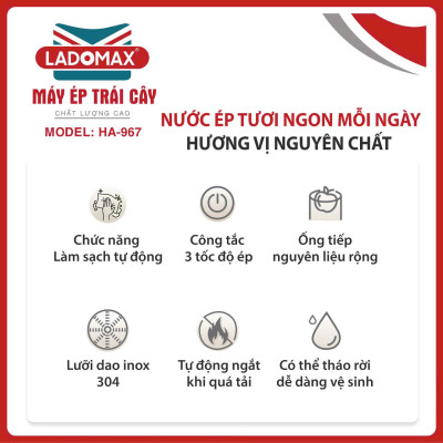 Máy ép trái cây cho quán 1180W thế hệ mới Ladomax HA-967 có chế độ vệ sinh lưới, ép kiệt bã-Hàng chính hãng