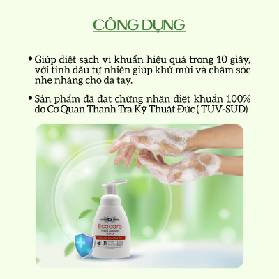 Nước rửa tay hữu cơ diệt khuẩn dạng bọt hương Cam 1000ml thương hiệu Ecocare ( tặng kèm vỏ tạo bọt)
