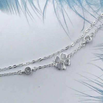 Vòng Tay Nữ Bạc 925 Dây Kép Cỏ 4 Lá May Mắn Đính Đá Cao Cấp BẠC HIỂU MINH LTU552