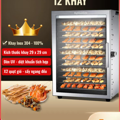 Máy Sấy Thực Phẩm Inox 12 Khay HTG ST06 Sấy Khô Hoa Quả, Thịt Cá, Rau Củ, Có Tia UV, Hàng Chính Hãng