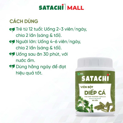 Viên Bột Diếp Cá Nguyên Chất SATACHI – 100% Lá Diếp Cá Tươi – Dạng Viên Tiện Lợi – Hộp 180 viên 